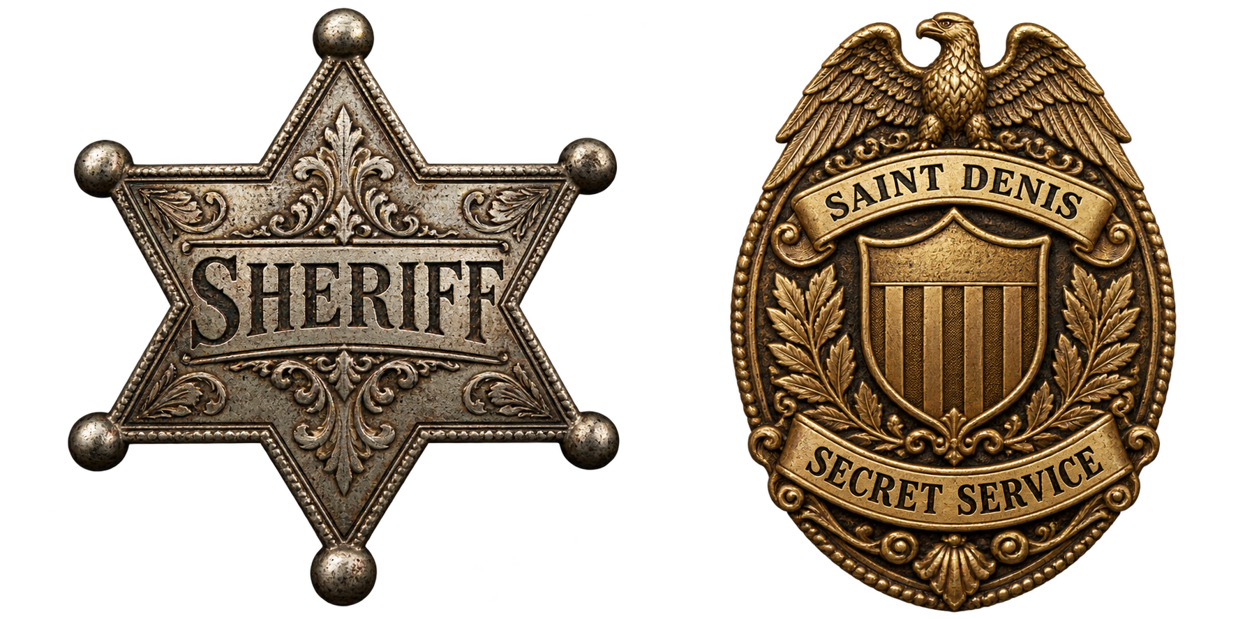 Crachá de sheriff em prata ao lado do crachá dourado dos Serviços Secretos de Saint Denis.