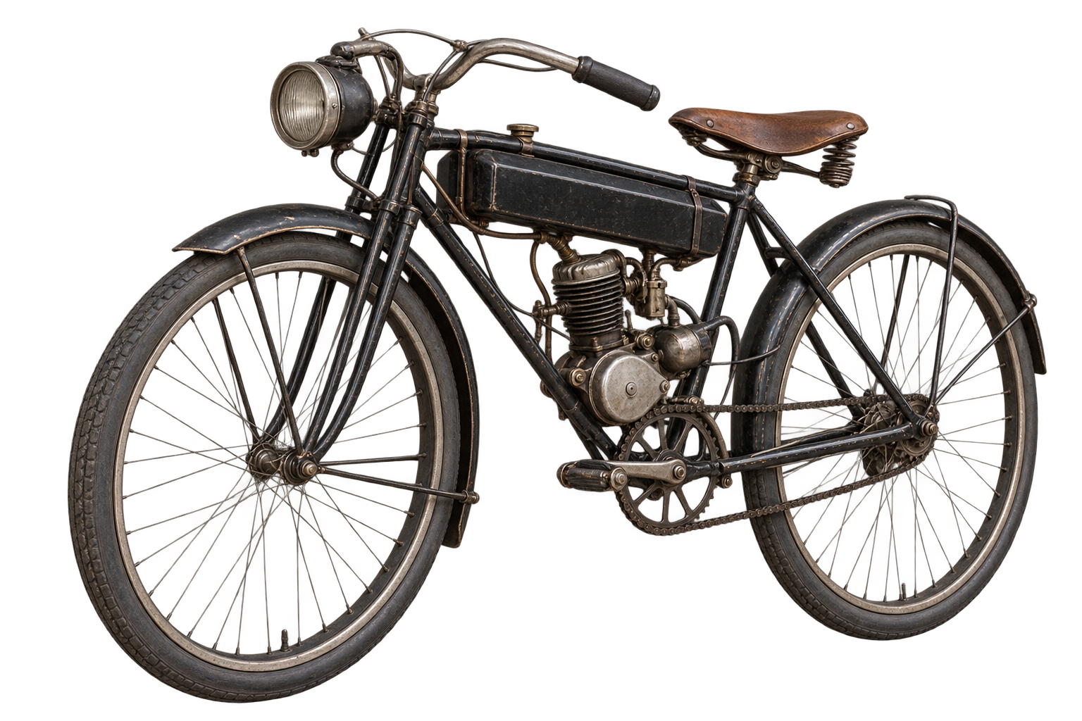 Motociclo antigo com estrutura escura e motor exposto.