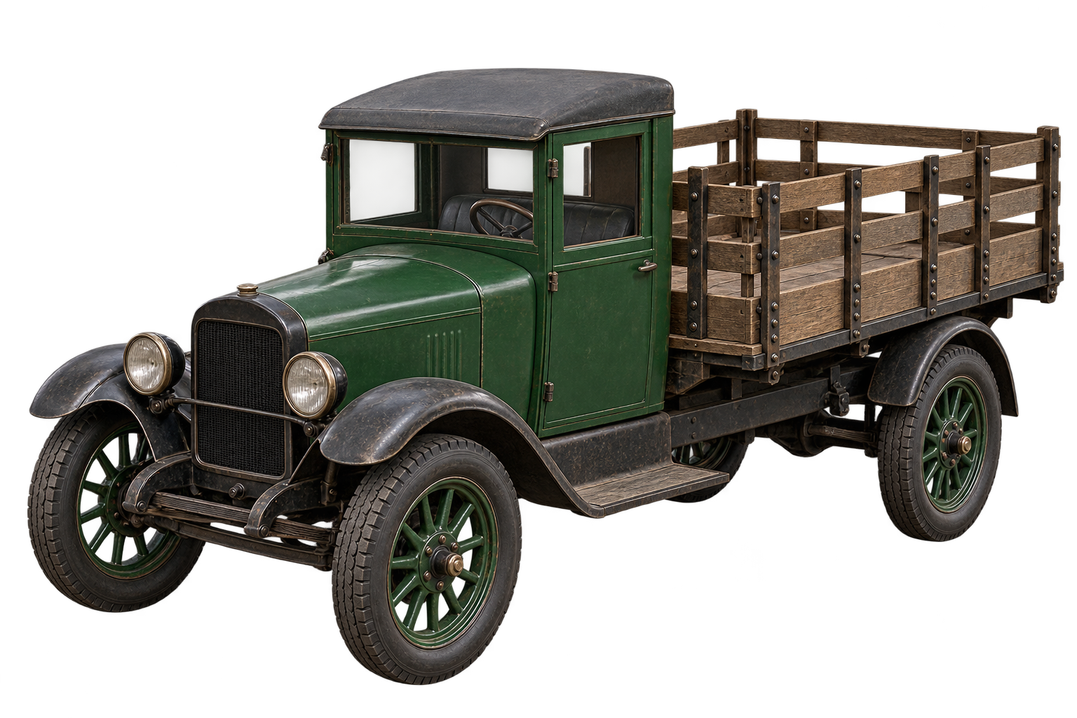 Camioneta verde com caixa de carga em madeira.